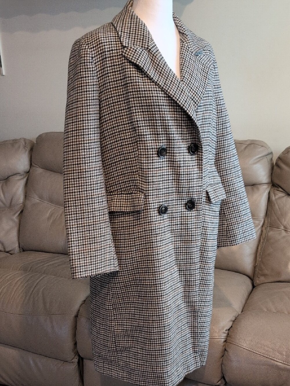 Topshop Black & White Houndstooth Double-Breasted Pea Coat Size Petite 10